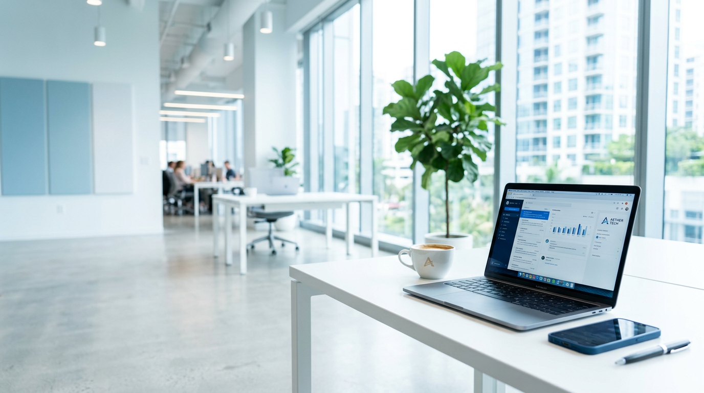 Heller Arbeitsplatz mit Laptop in einem modernen Büro