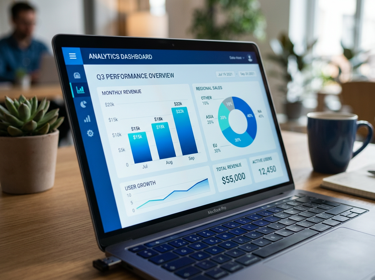 Laptop mit Diagrammen und Auswertungen